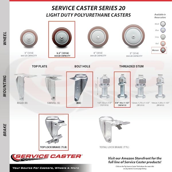 Service Caster 3.5 Inch Maroon Polyurethane Swivel 3/8 Inch Threaded Stem Caster with Brake SCC SCC-TS20S3514-PPUB-MRN-TLB-381615 - main